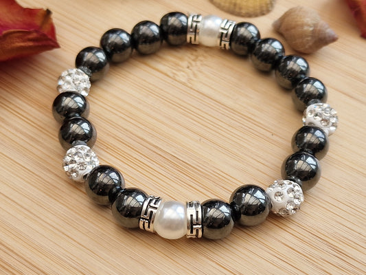 Handmade Unique Hematite  Water Pearl Gemstone Beaded Crystal Bracelet 8mm Gift