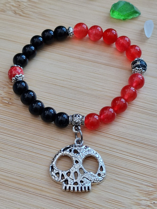 Handmade Unique Halloween theme Spooky Skull Crystal Gemstone Beaded Bracelet 8mm Gift