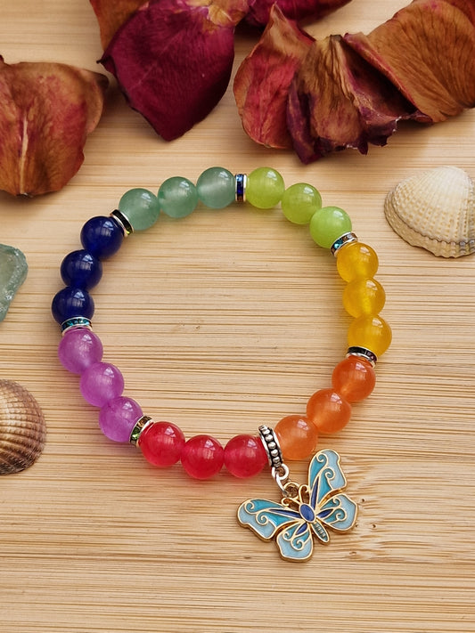 Handmade Unique Rainbow colour Beaded Crystal Gemstone butterfly Bracelet Gift
