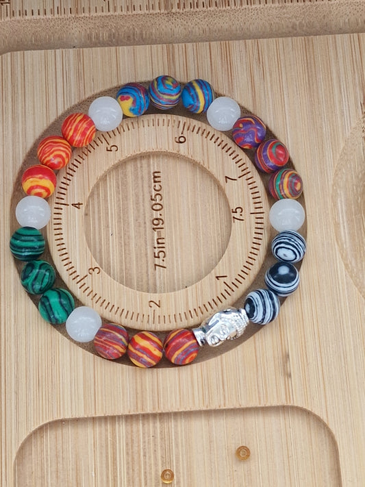 Handmade Unique Buddha Head Colourful Malachite Gemstone Beaded Crystal Bracelet 8mm Gift